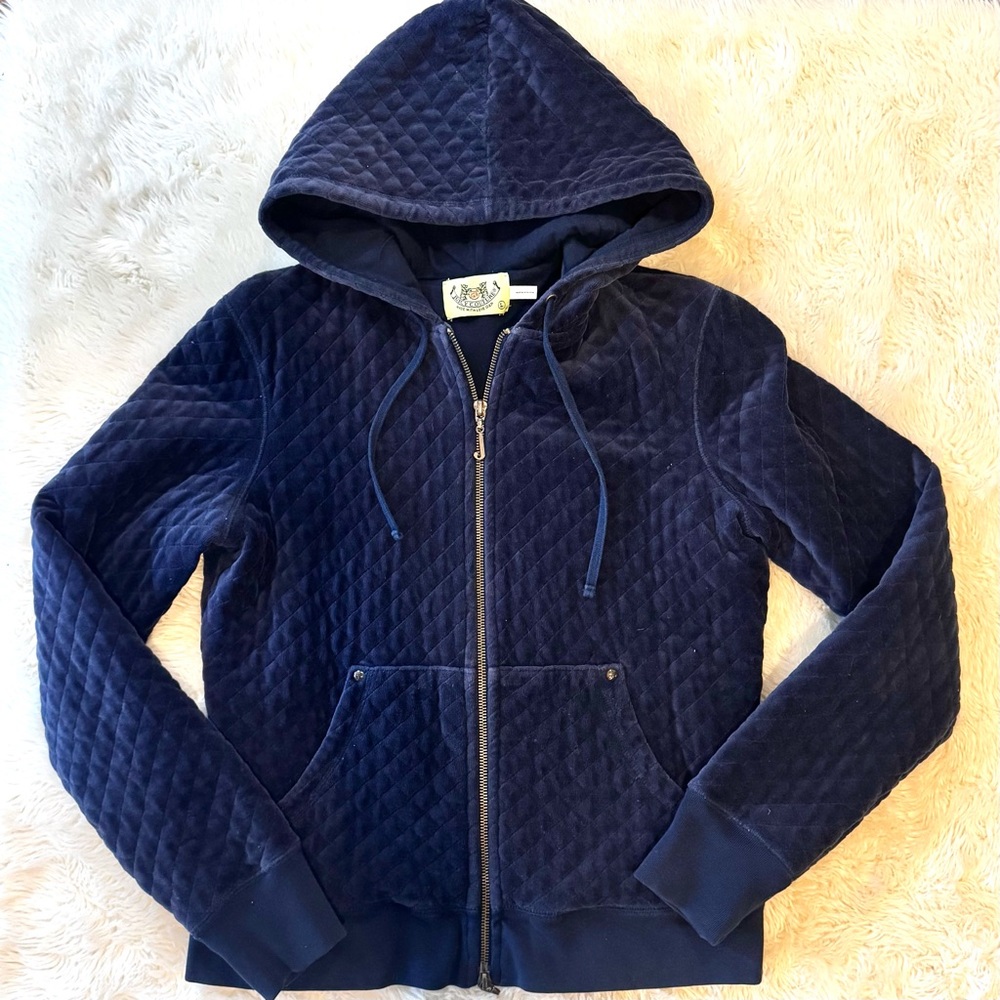 Y2K Juicy Couture Velour Quilted Zip-up Hoodie - Large Navy